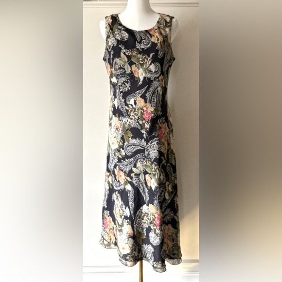 Vintage 90s Made in Canada Black Asymmetrical Ruffle Hem Paisley Floral Dress‎ - Picture 2 of 11